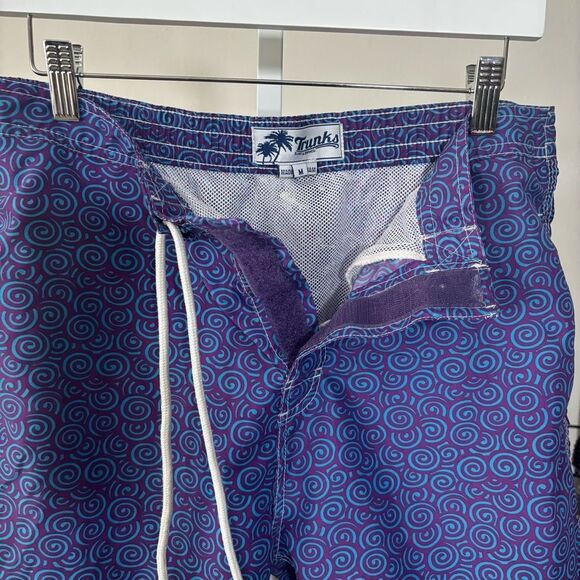 TRUNKS Men's Blue Swim Shorts size medium Velcro fly spiral print - Picture 3 of 8